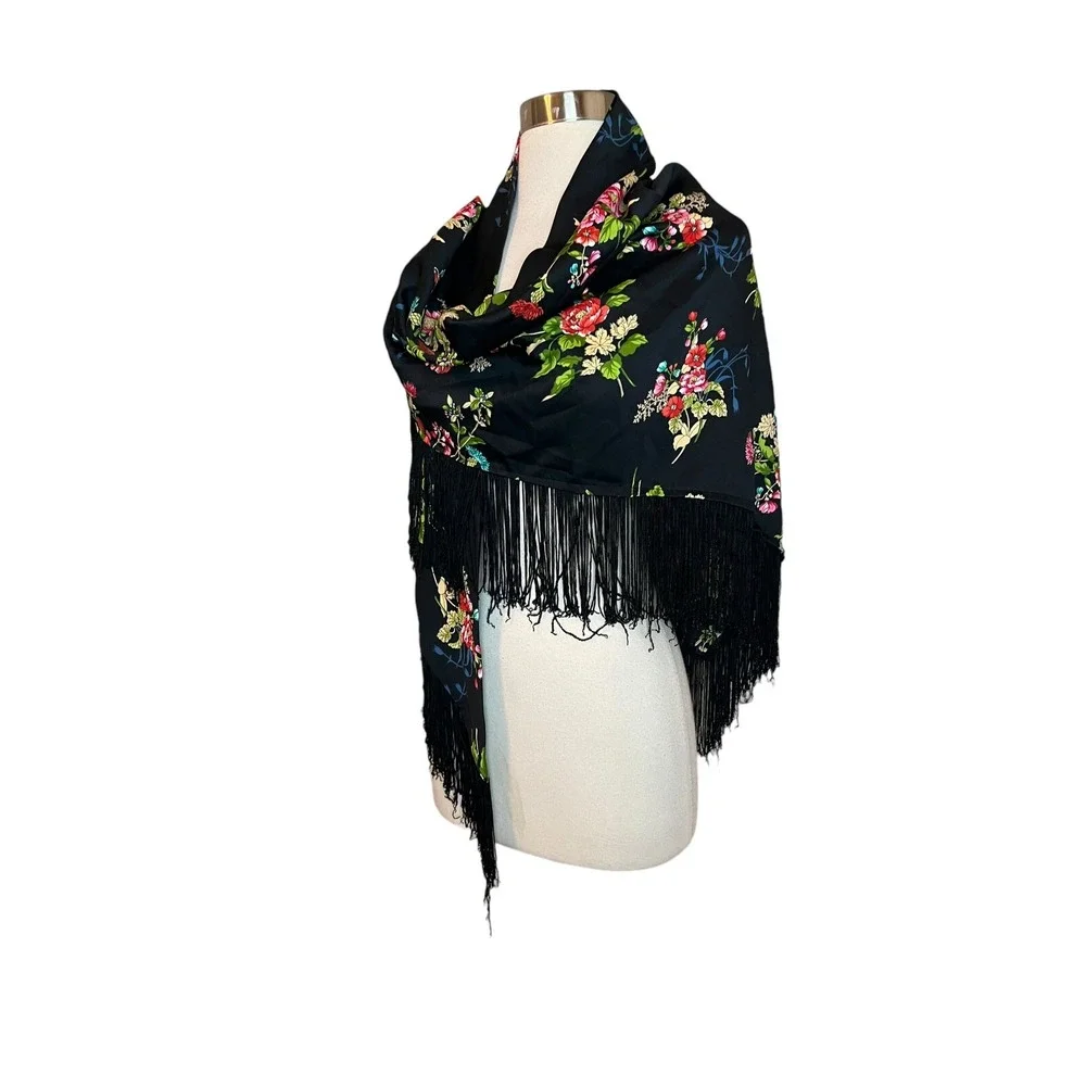 Black Women's Floral Shawl Satin With Fringe Wedding Dressy